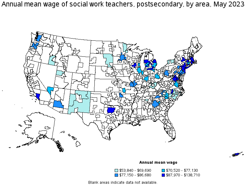 Map of annual mean wages of social work teachers, postsecondary by area, May 2023