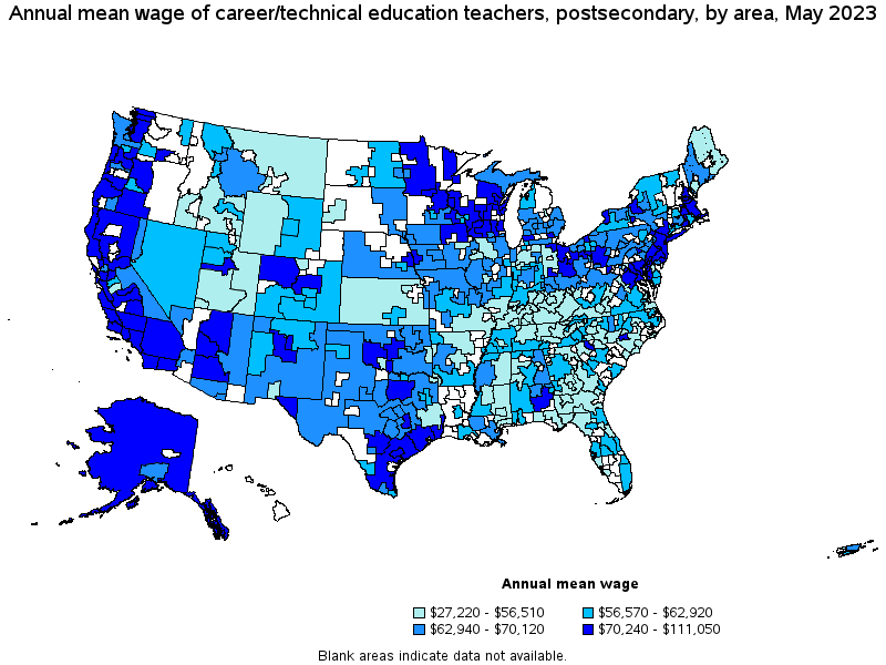 Map of annual mean wages of career/technical education teachers, postsecondary by area, May 2023