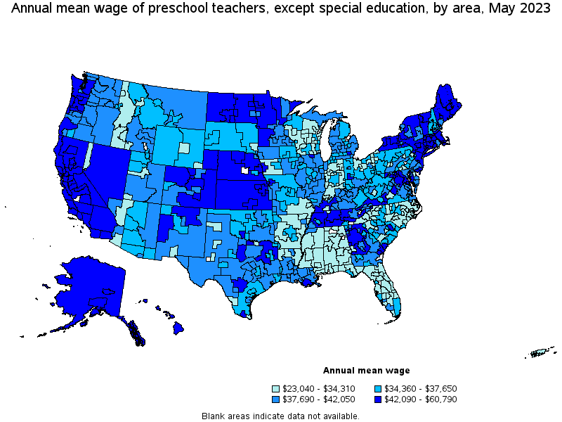 Map of annual mean wages of preschool teachers, except special education by area, May 2023