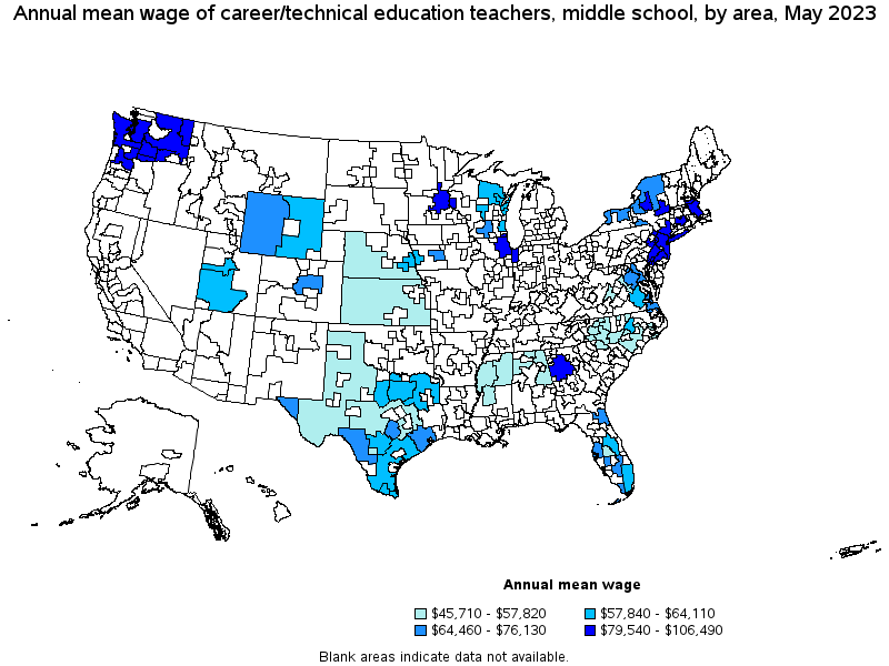 Map of annual mean wages of career/technical education teachers, middle school by area, May 2023