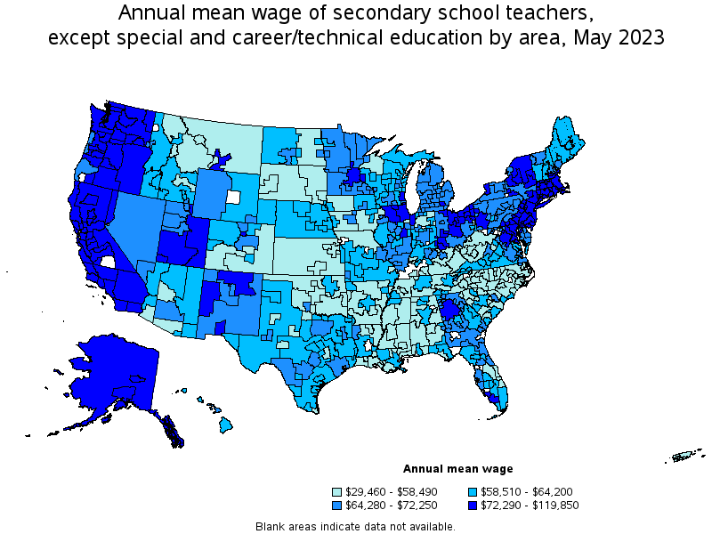 Map of annual mean wages of secondary school teachers, except special and career/technical education by area, May 2022