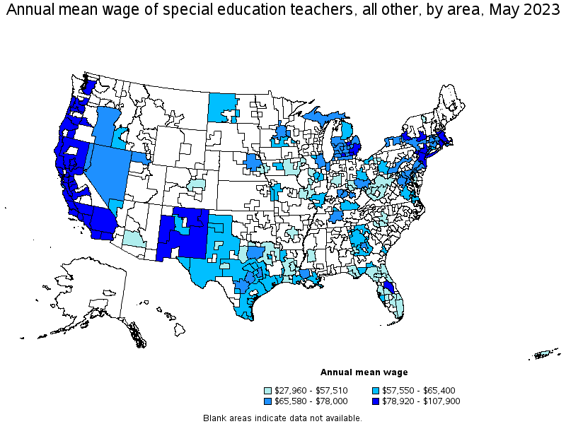Map of annual mean wages of special education teachers, all other by area, May 2023