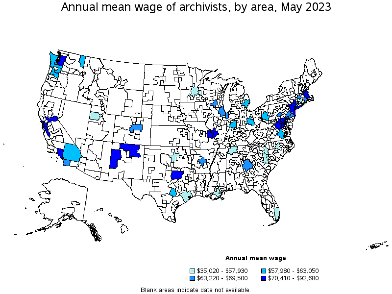 Map of annual mean wages of archivists by area, May 2023