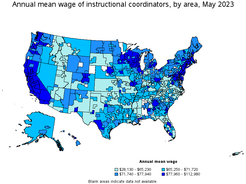 Map of annual mean wages of instructional coordinators by area, May 2022