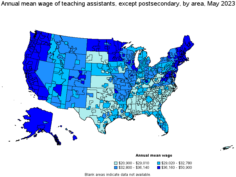 Map of annual mean wages of teaching assistants, except postsecondary by area, May 2023