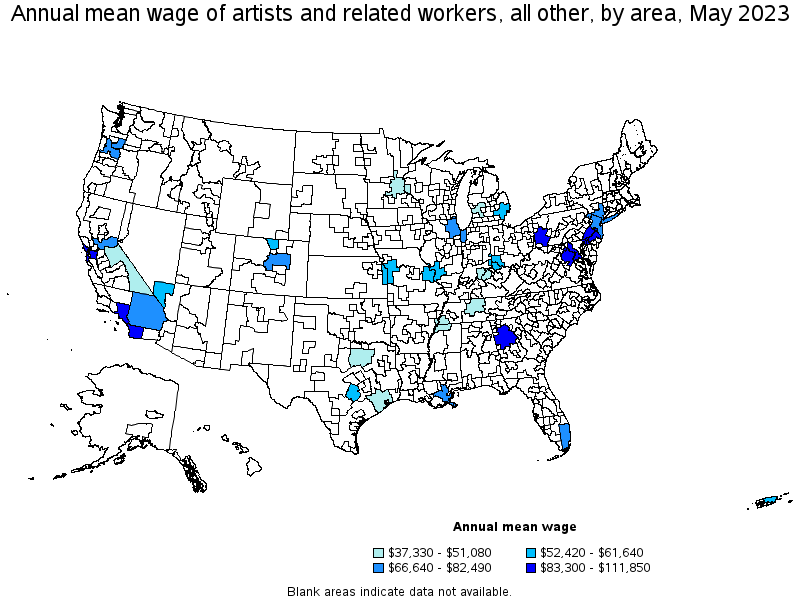 Map of annual mean wages of artists and related workers, all other by area, May 2023