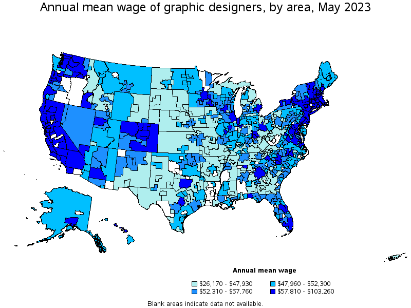 Map of annual mean wages of graphic designers by area, May 2023