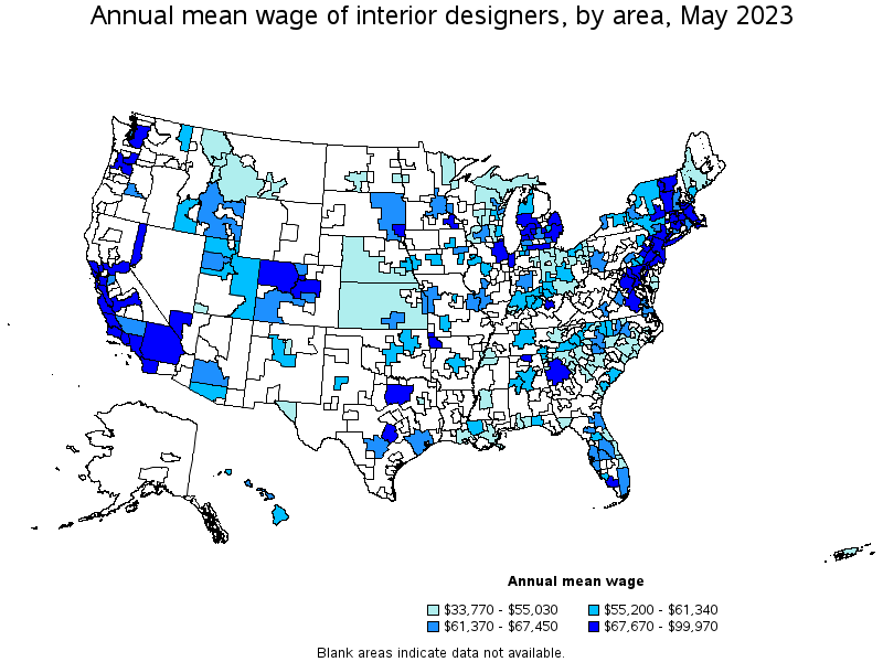 Map of annual mean wages of interior designers by area, May 2023