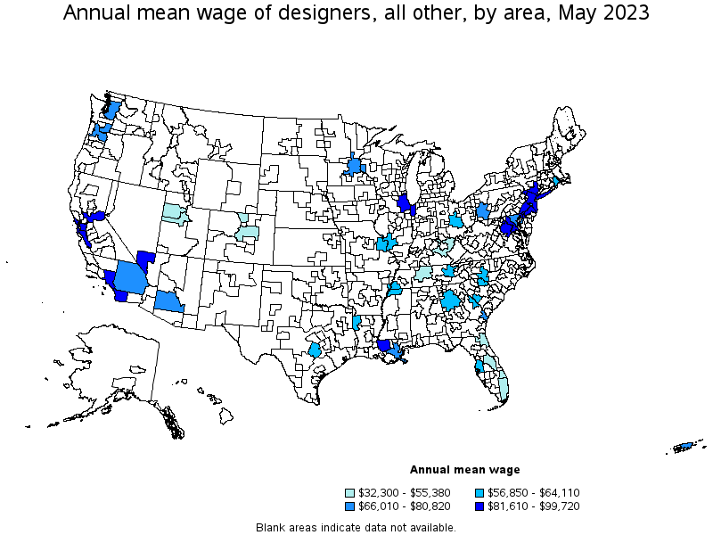 Map of annual mean wages of designers, all other by area, May 2023