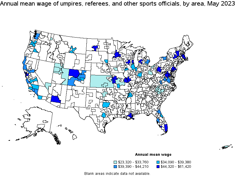 Map of annual mean wages of umpires, referees, and other sports officials by area, May 2023