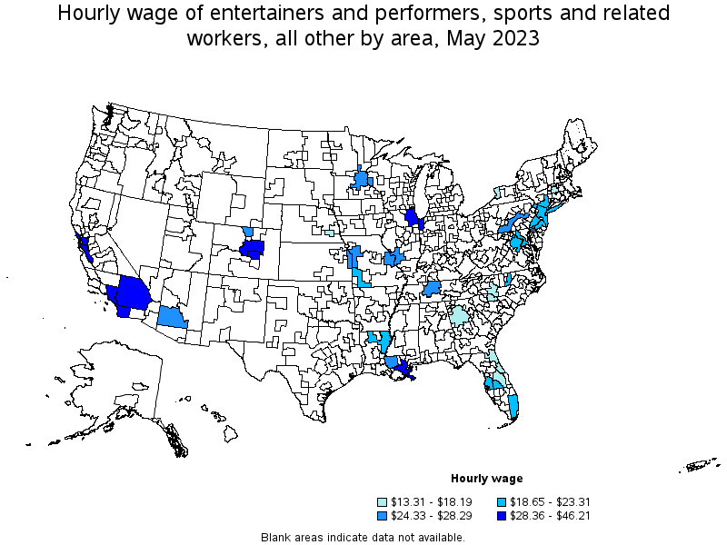 Map of annual mean wages of entertainers and performers, sports and related workers, all other by area, May 2023
