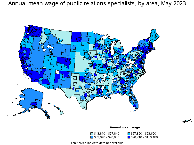 Map of annual mean wages of public relations specialists by area, May 2022