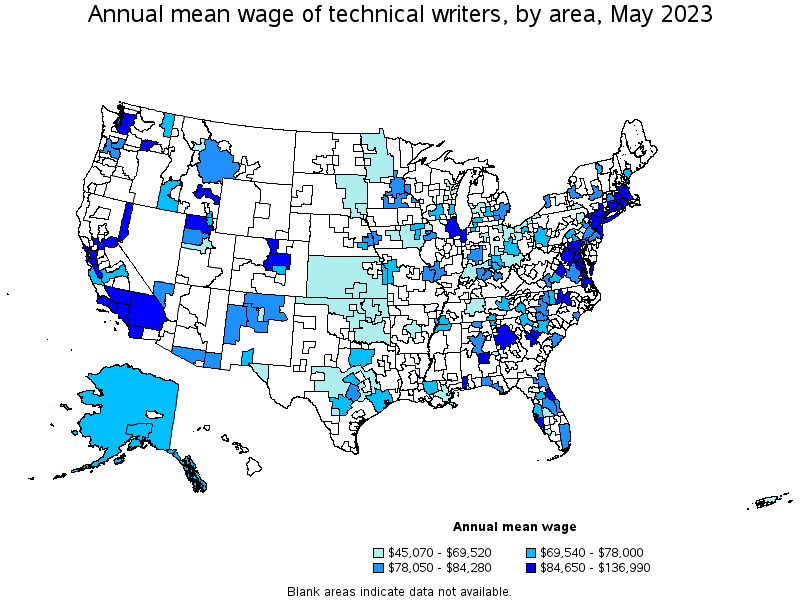 Map of annual mean wages of technical writers by area, May 2023