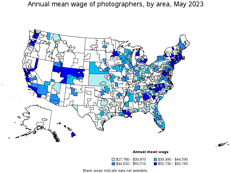 Map of annual mean wages of photographers by area, May 2023