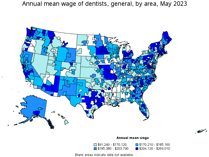 Map of annual mean wages of dentists, general by area, May 2023