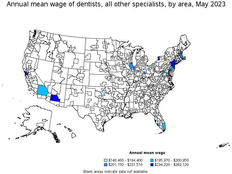 Map of annual mean wages of dentists, all other specialists by area, May 2023