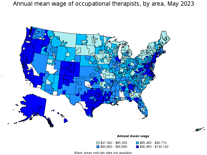 Map of annual mean wages of occupational therapists by area, May 2023