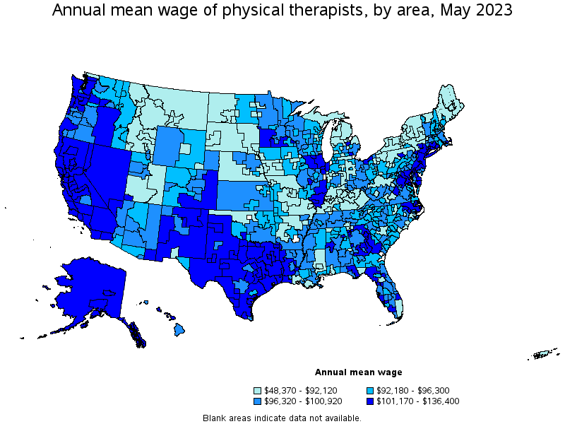 Map of annual mean wages of physical therapists by area, May 2023