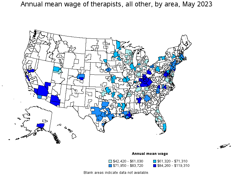 Map of annual mean wages of therapists, all other by area, May 2023