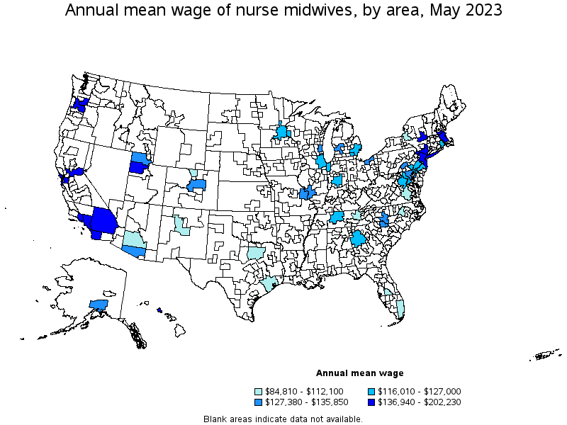 Map of annual mean wages of nurse midwives by area, May 2023
