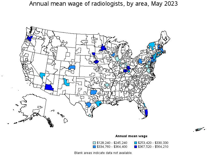 Map of annual mean wages of radiologists by area, May 2023