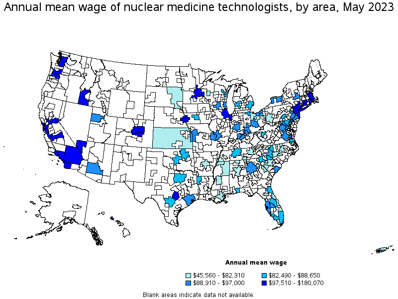 Map of annual mean wages of nuclear medicine technologists by area, May 2023