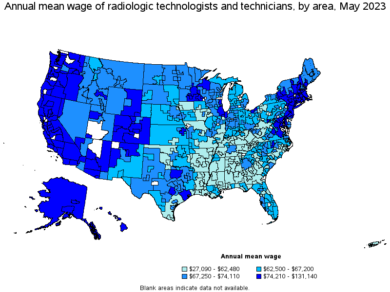 Map of annual mean wages of radiologic technologists and technicians by area, May 2023