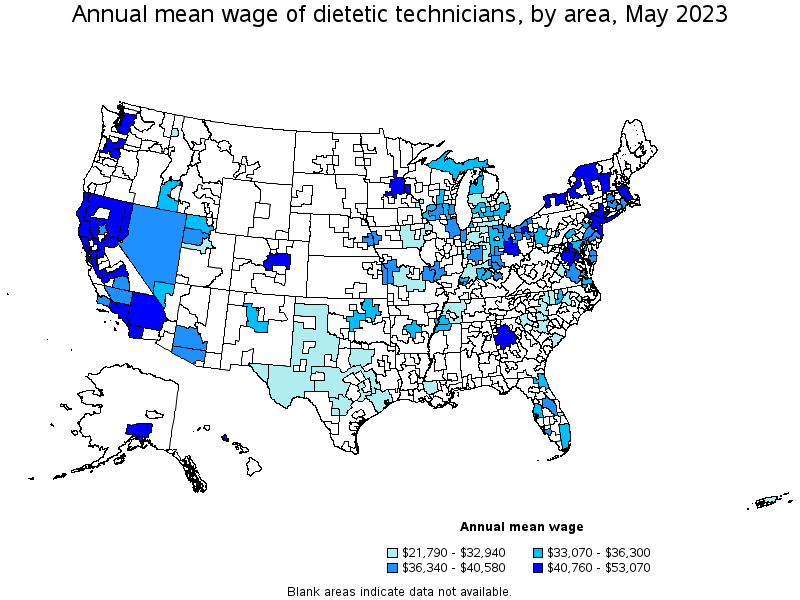 Map of annual mean wages of dietetic technicians by area, May 2023