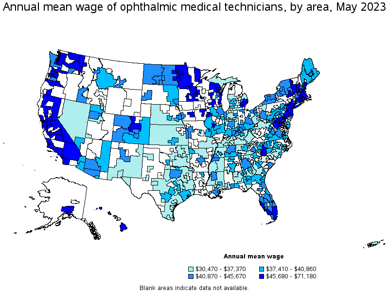 Map of annual mean wages of ophthalmic medical technicians by area, May 2023