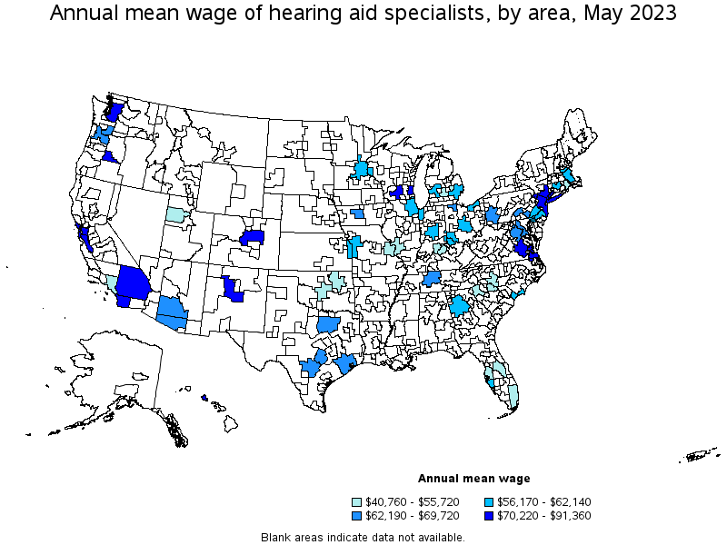 Map of annual mean wages of hearing aid specialists by area, May 2023