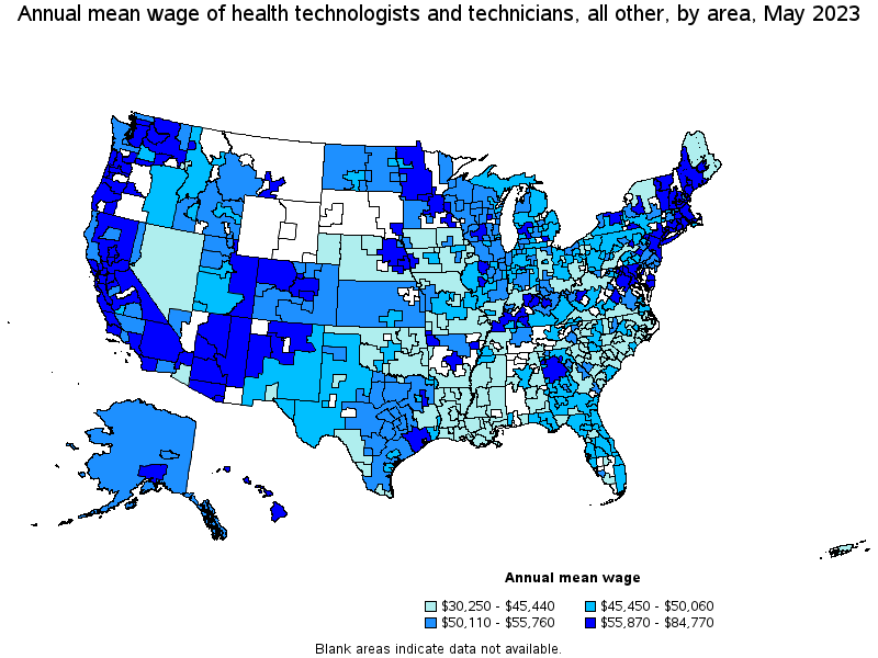 Map of annual mean wages of health technologists and technicians, all other by area, May 2022