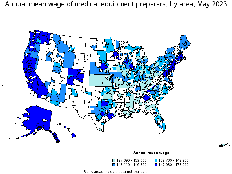 Map of annual mean wages of medical equipment preparers by area, May 2023