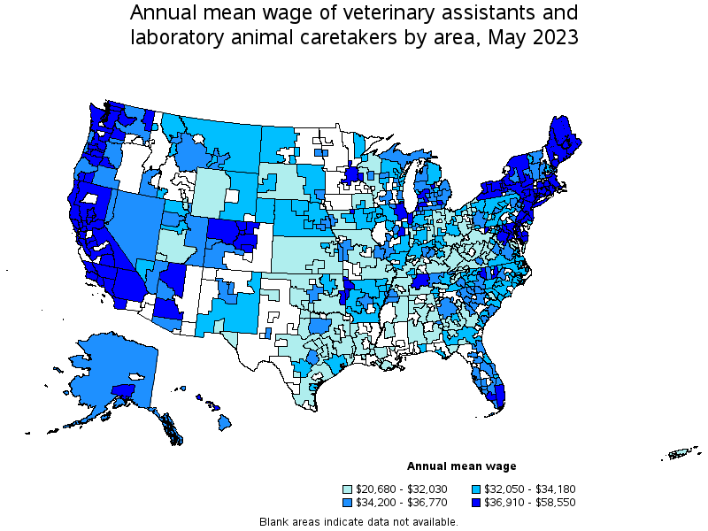 Map of annual mean wages of veterinary assistants and laboratory animal caretakers by area, May 2023