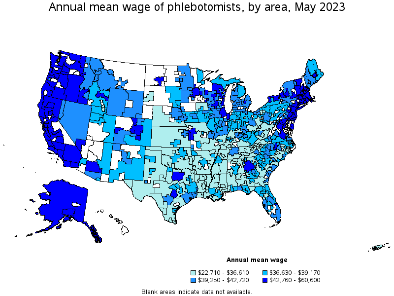 Map of annual mean wages of phlebotomists by area, May 2023