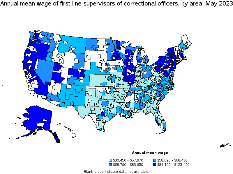 Map of annual mean wages of first-line supervisors of correctional officers by area, May 2023