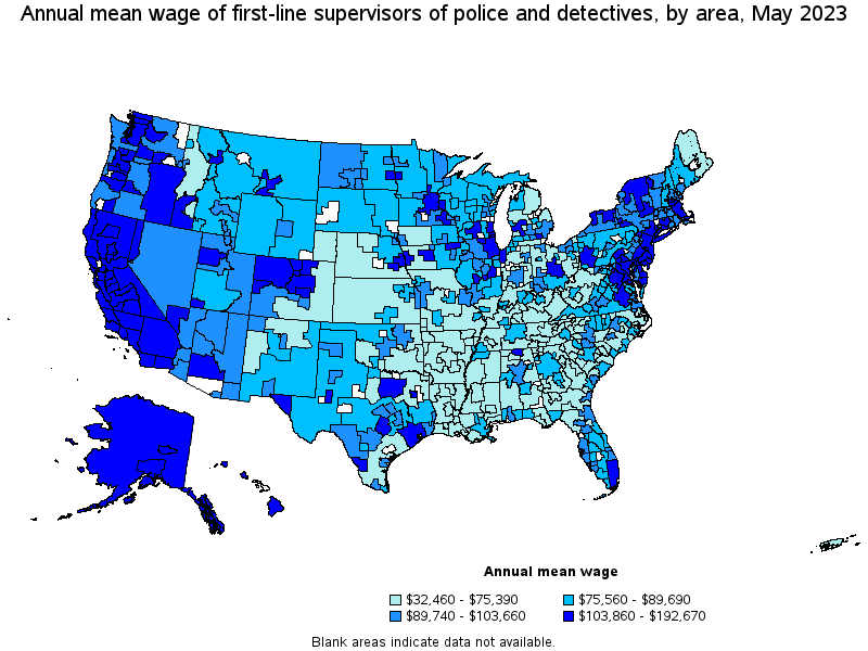 Map of annual mean wages of first-line supervisors of police and detectives by area, May 2023