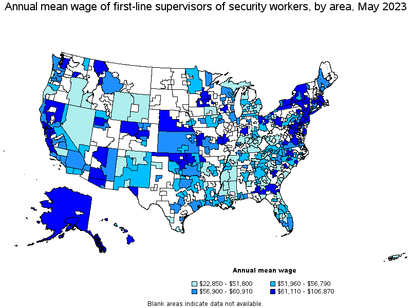 Map of annual mean wages of first-line supervisors of security workers by area, May 2023