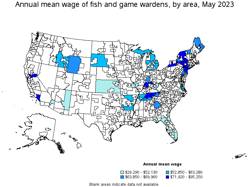 Map of annual mean wages of fish and game wardens by area, May 2023