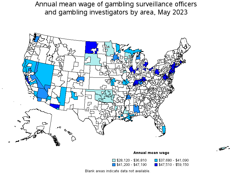 Map of annual mean wages of gambling surveillance officers and gambling investigators by area, May 2023