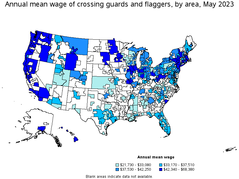 Map of annual mean wages of crossing guards and flaggers by area, May 2023