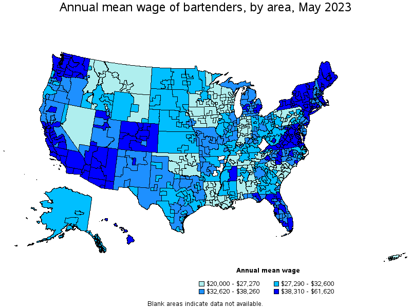 Map of annual mean wages of bartenders by area, May 2023