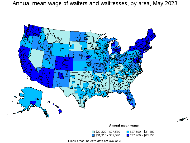 Map of annual mean wages of waiters and waitresses by area, May 2022