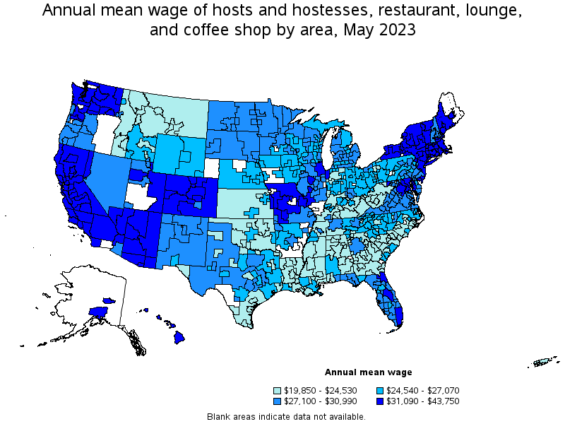 Map of annual mean wages of hosts and hostesses, restaurant, lounge, and coffee shop by area, May 2022