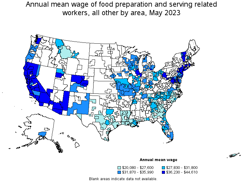 Map of annual mean wages of food preparation and serving related workers, all other by area, May 2023