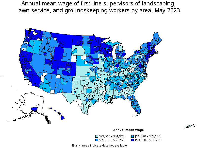 Map of annual mean wages of first-line supervisors of landscaping, lawn service, and groundskeeping workers by area, May 2022