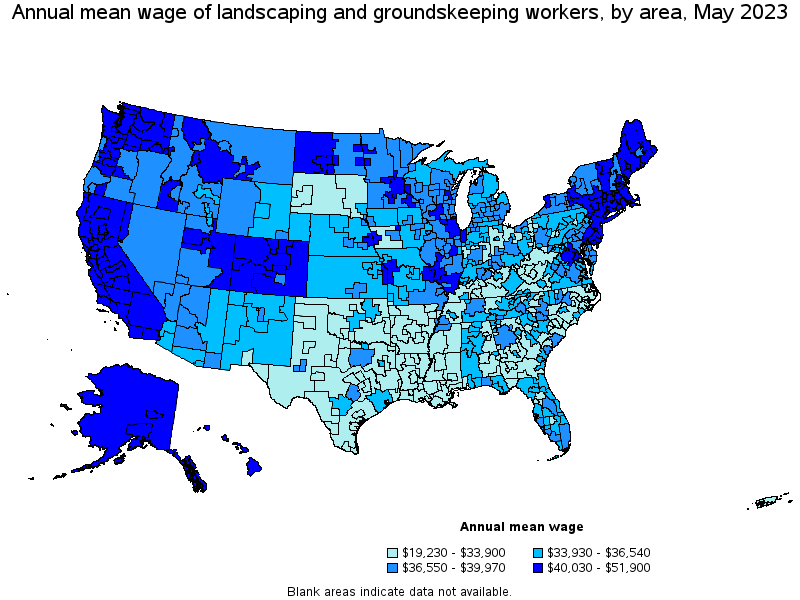 Map of annual mean wages of landscaping and groundskeeping workers by area, May 2023