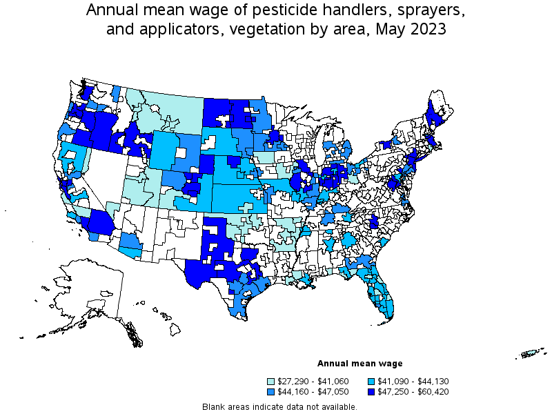 Map of annual mean wages of pesticide handlers, sprayers, and applicators, vegetation by area, May 2023