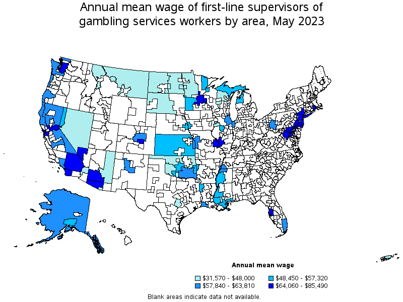 Map of annual mean wages of first-line supervisors of gambling services workers by area, May 2023