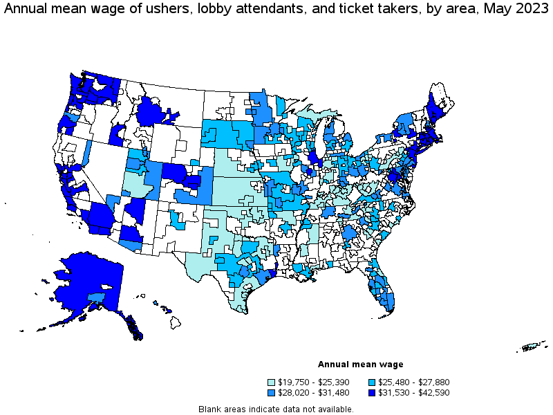 Map of annual mean wages of ushers, lobby attendants, and ticket takers by area, May 2023