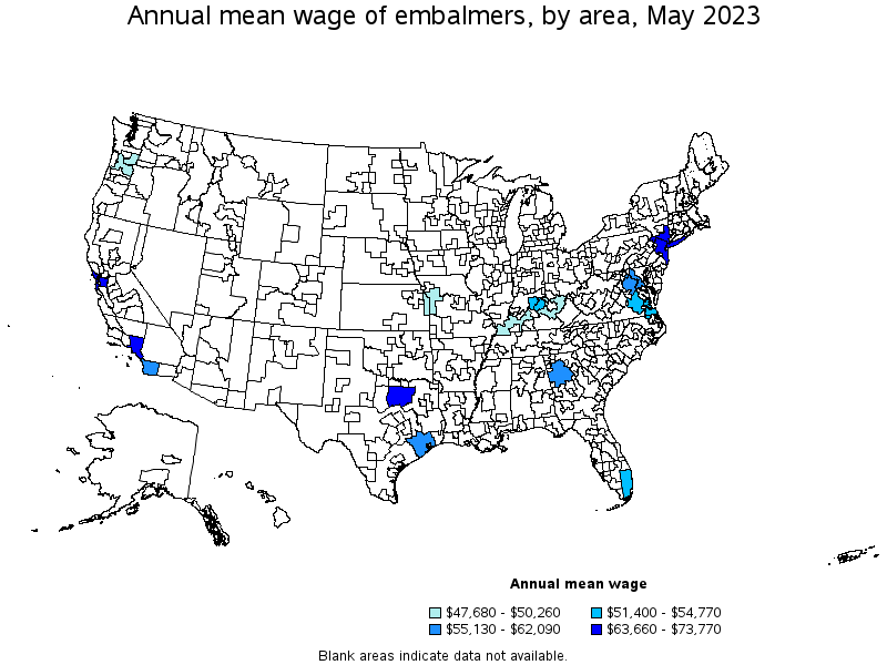Map of annual mean wages of embalmers by area, May 2023